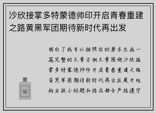 沙欣接掌多特蒙德帅印开启青春重建之路黄黑军团期待新时代再出发 沙欣接掌多特蒙德帅印开启青春重建之路黄黑军团期待新时代再出发